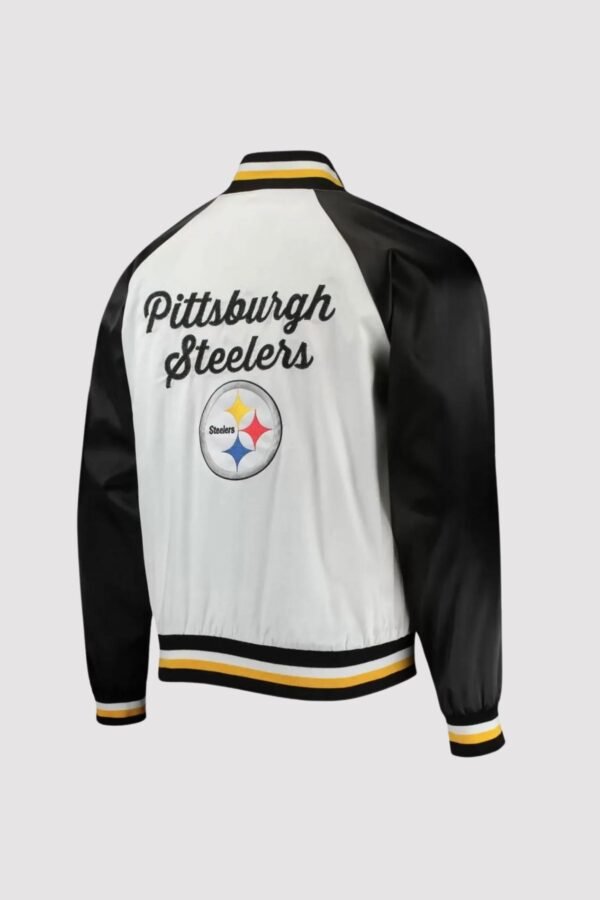 NFL Pittsburgh Steelers Black/White Satin Varsity Jacket - Image 2