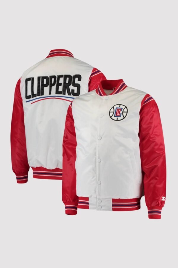 LA Clippers Renegade Full-Snap White/Red Satin Varsity Jacket - Image 2
