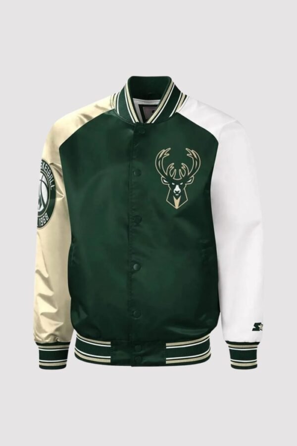 Milwaukee Bucks Hunter Green and Cream Satin Varsity JacketMilwaukee Bucks Hunter Green and Cream Satin Varsity Jacket