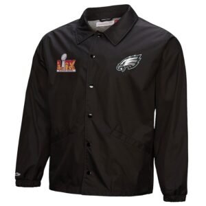 Men’s Philadelphia Eagles Mitchell & Ness Black Super Bowl LIX Champions Full-Snap Coaches Jacket