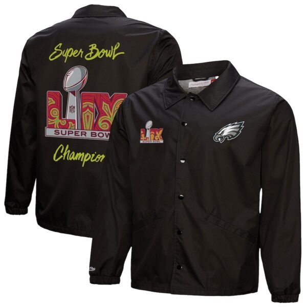 Men’s Philadelphia Eagles Mitchell & Ness Black Super Bowl LIX Champions Full-Snap Coaches Jacket