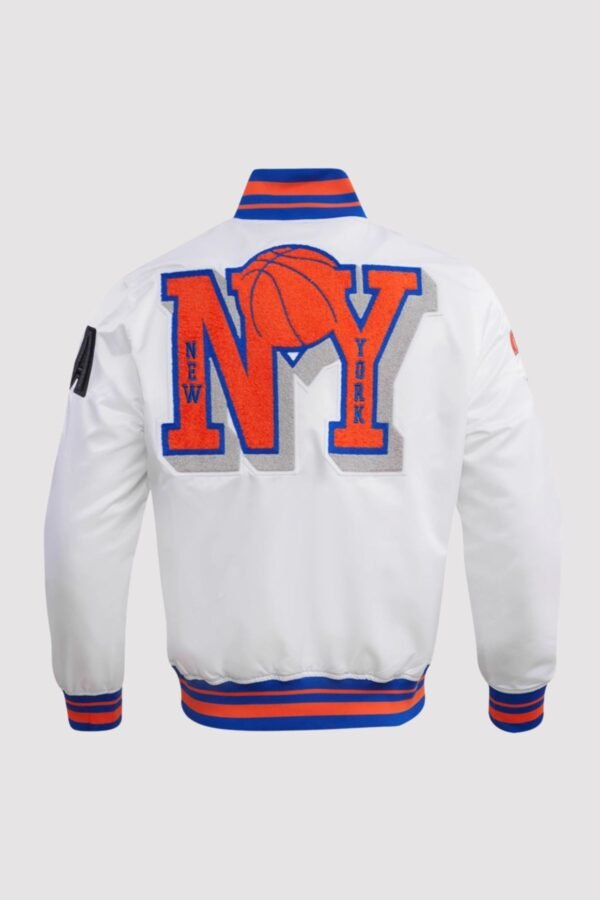 New York Knicks Mashup White Satin Varsity Jacket - Image 2