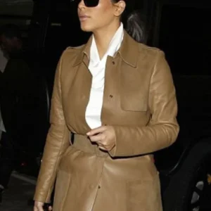 Kim Kardashian Brown Leather Trench Coat