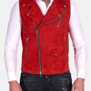Mens Red Biker Suede Leather Vest