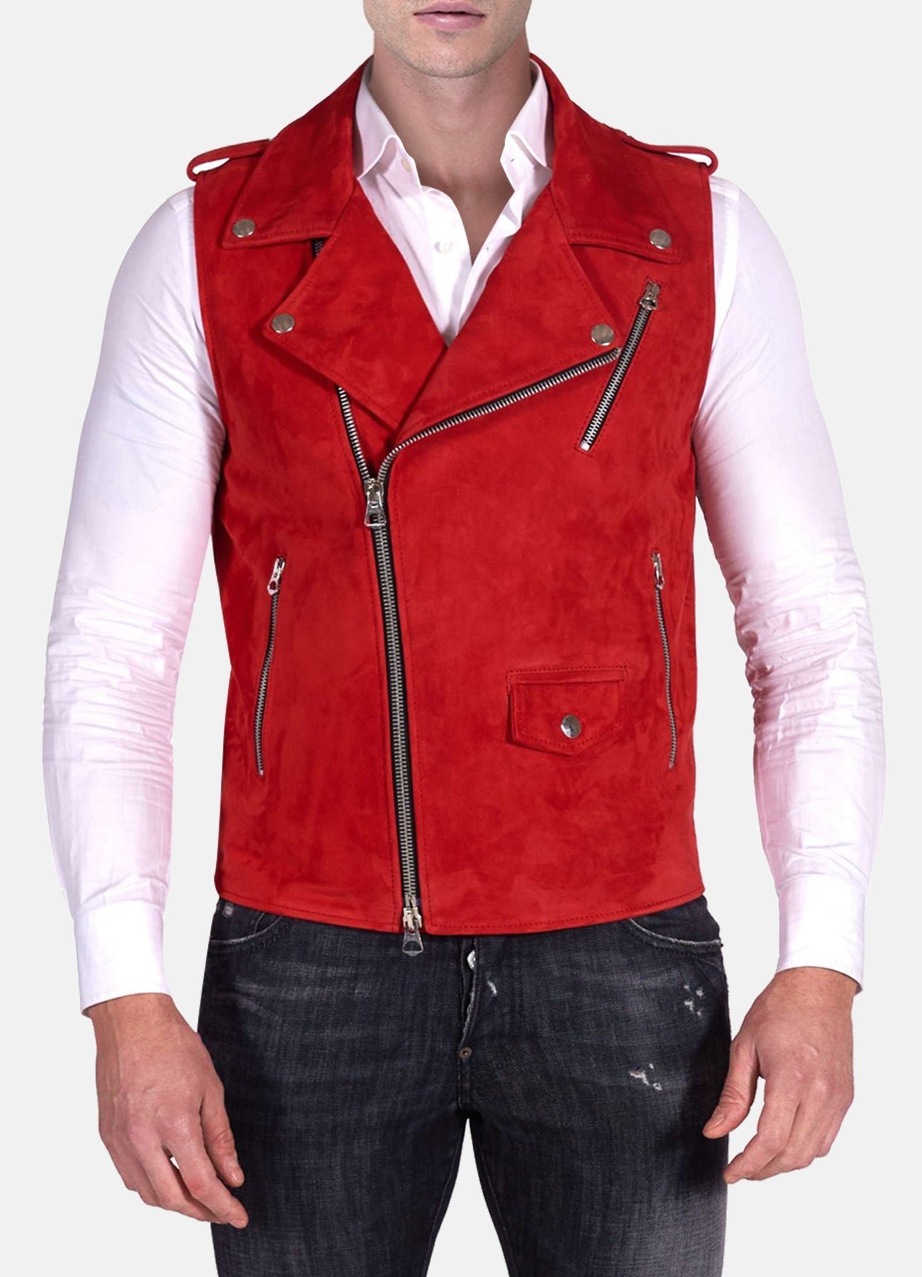 Mens Red Biker Suede Leather Vest