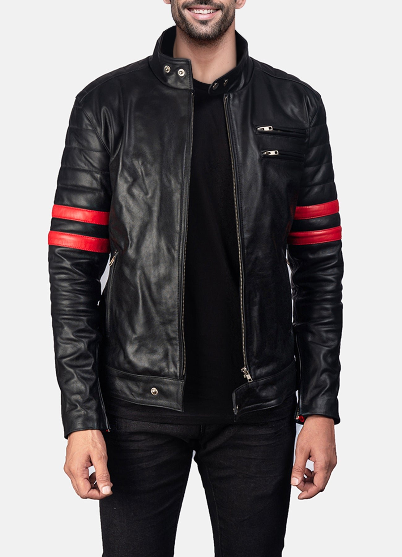 Mens Perfecto Black & Red Biker Leather Jacket Sale
