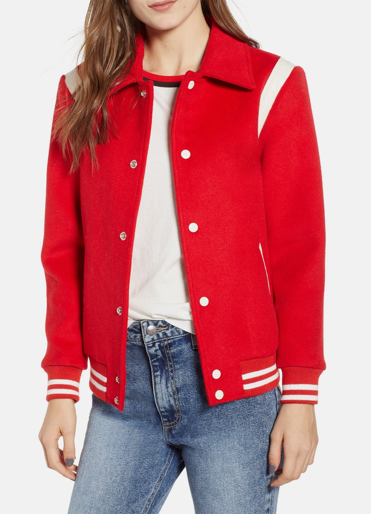 Womens Bright Red Varsity Jacket Sale