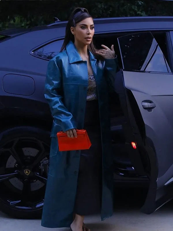 Kim Kardashian Blue Leather Coat