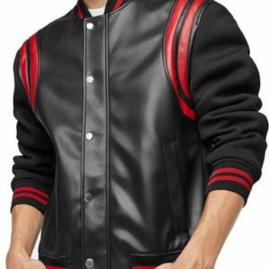 MotorCycleJackets Mens Black with Red Stripes Leather Jacket Sale