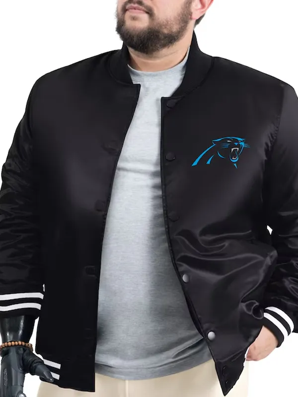 NFL Carolina Panthers Black Satin Varsity Jacket