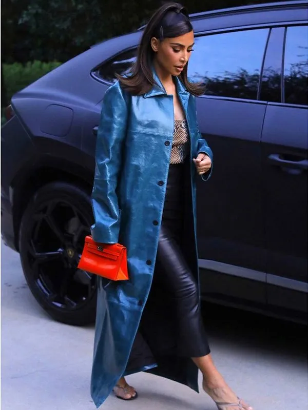 Kim Kardashian Blue Leather Coat