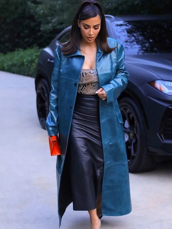 Kim Kardashian Blue Leather Coat