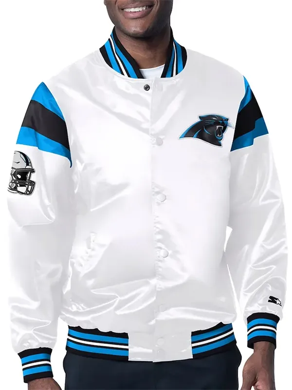 NFL Carolina Panthers White Satin Varsity Jacket