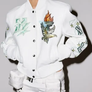 New York Liberty x OFF White Leather Varsity Jacket