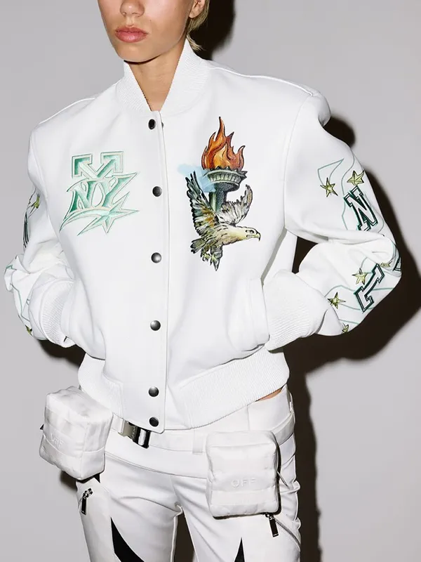 New York Liberty x OFF White Leather Varsity Jacket