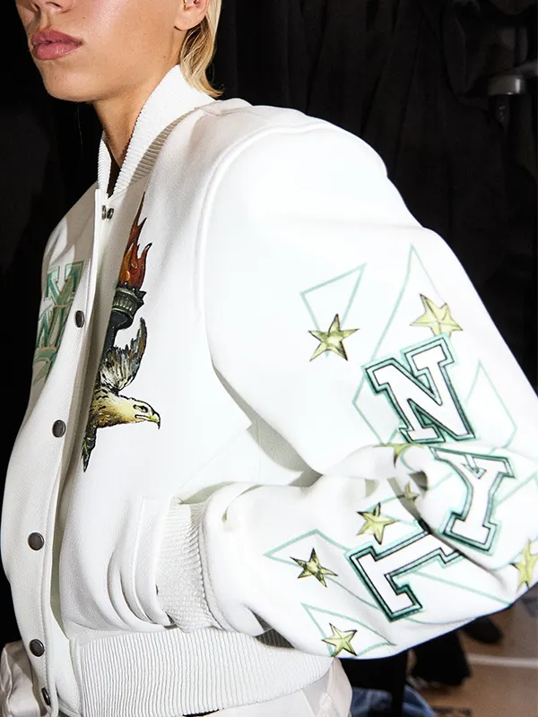 New York Liberty x OFF White Leather Varsity Jacket