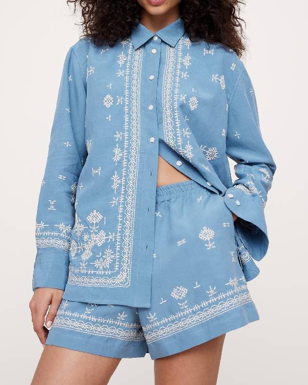 Only Murders in the Building Meryl Streep Blue Embroidered Shirt - Image 3