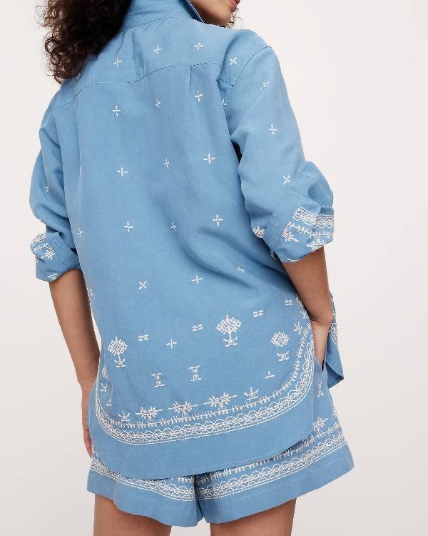 Only Murders in the Building Meryl Streep Blue Embroidered Shirt