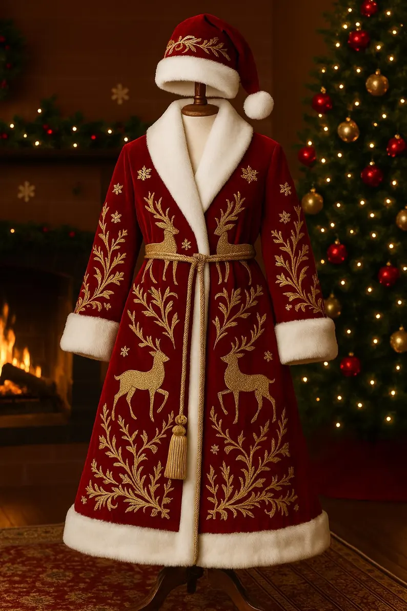 Luxurious Red Velvet Christmas Coat with Free Cap