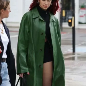 Dua Lipa Green Leather Coat