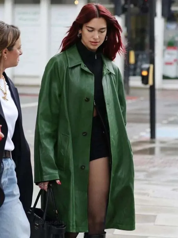 Dua Lipa Green Leather Coat