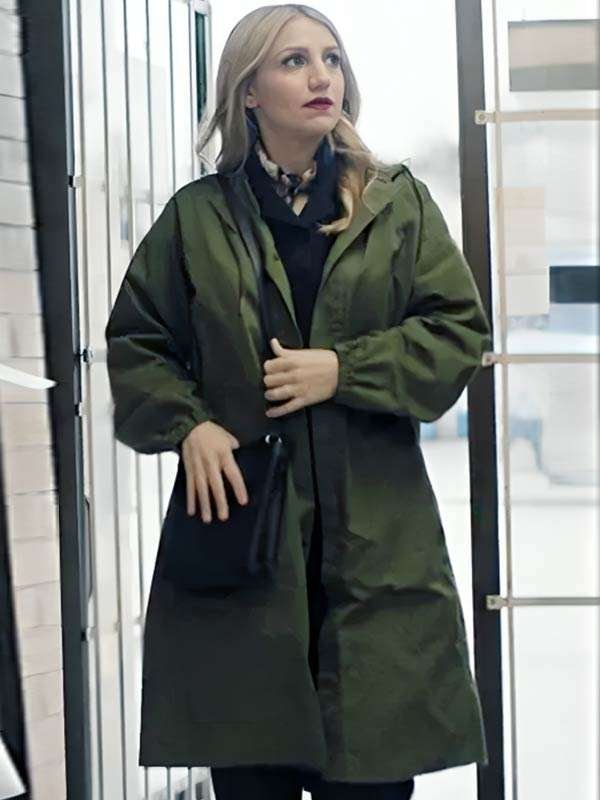 Inspired by: Annaleigh Ashford External Material: Cotton Fabric Inner Lining: Viscose Lining Front: Buttoned Closure Collar: Hooded Collar Color: Green Pockets: Two Outside and One Inside Sleeves: Full-length Sleeves