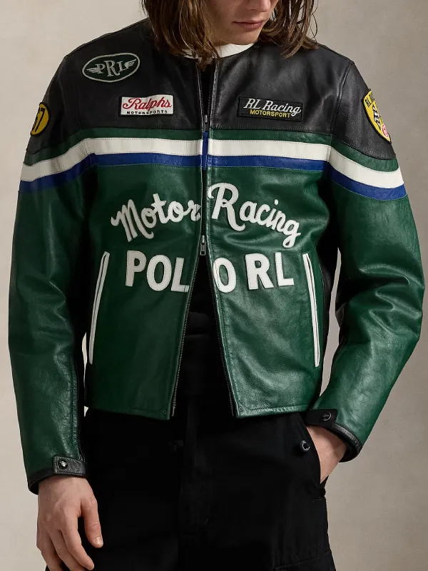 Motorsport Inspired Green Cafe Racer Leather Jacket - Image 2