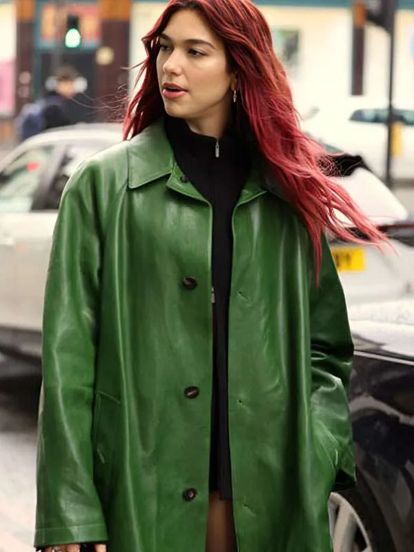Dua Lipa Green Leather Coat