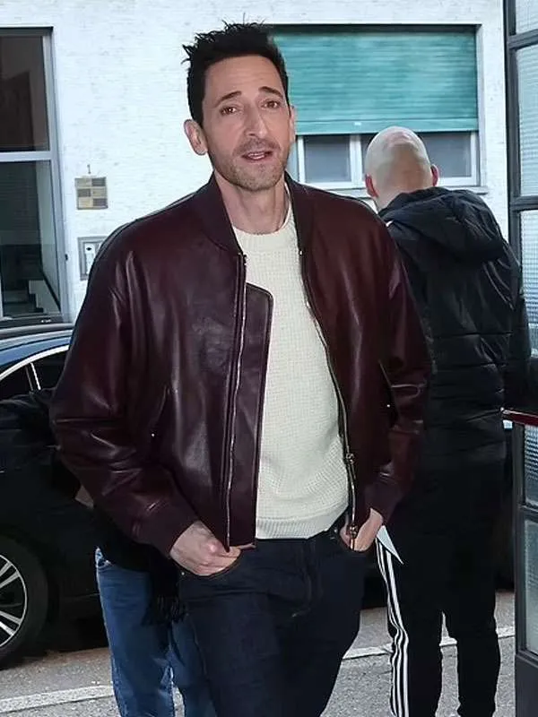 Adrien Brody Maroon Bomber Leather Jacket