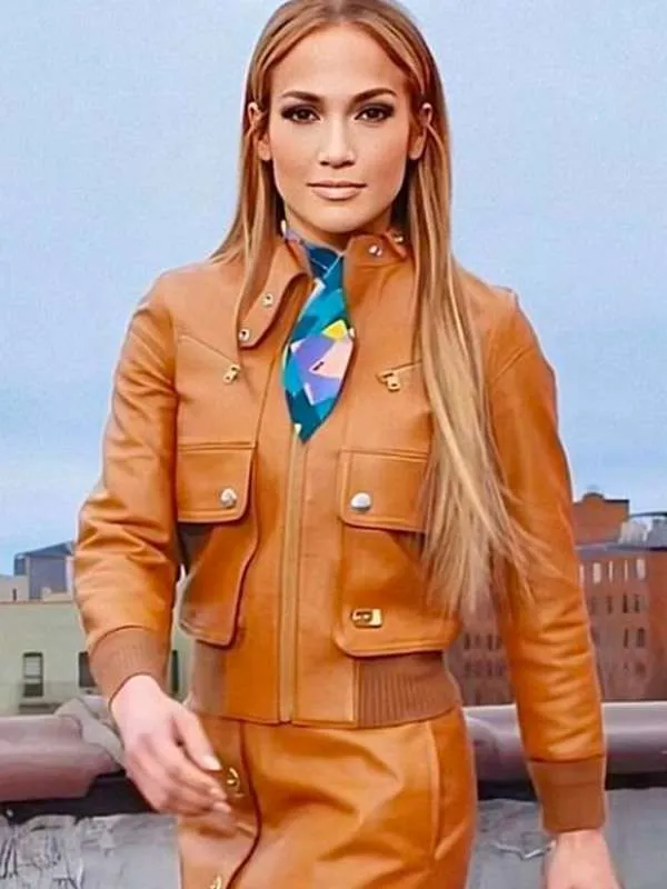 Jennifer Lopez Brown Leather Bomber Jacket