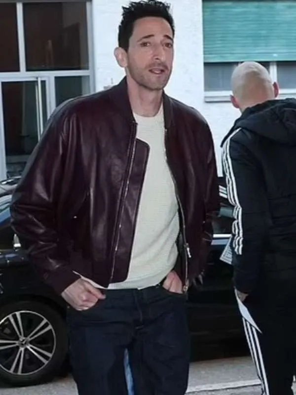 Adrien Brody Maroon Bomber Leather Jacket