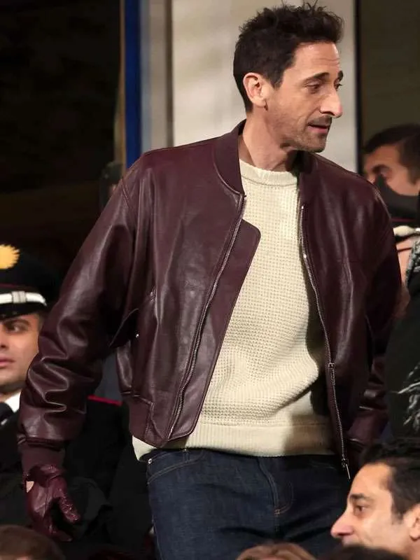 Adrien Brody Maroon Bomber Leather Jacket