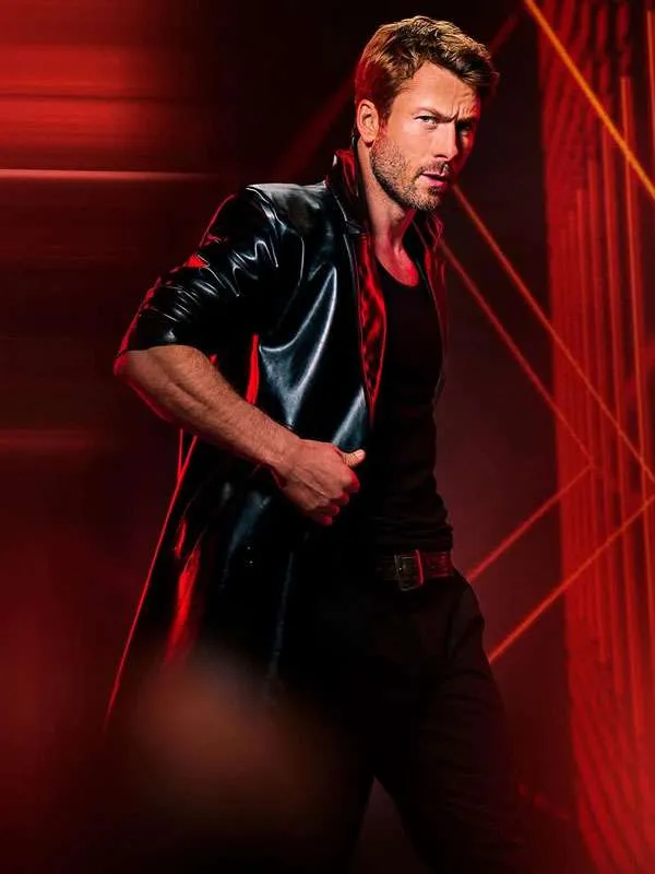 The Running Man Glen Powell Black Leather Coat