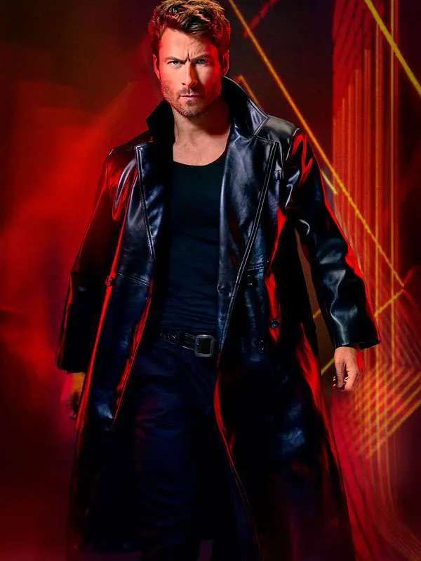 The Running Man Glen Powell Black Leather Coat
