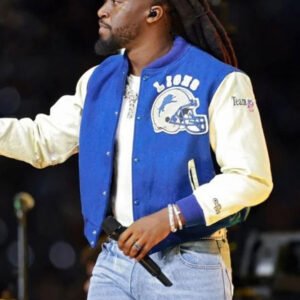 Shaboozey Detroit Lions Blue and White Bomber Jacket for Fans