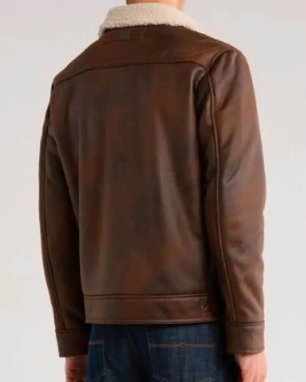 NCIS S23 Adam Ferrara Brown Leather Jacket with Sherpa Collar - Image 2