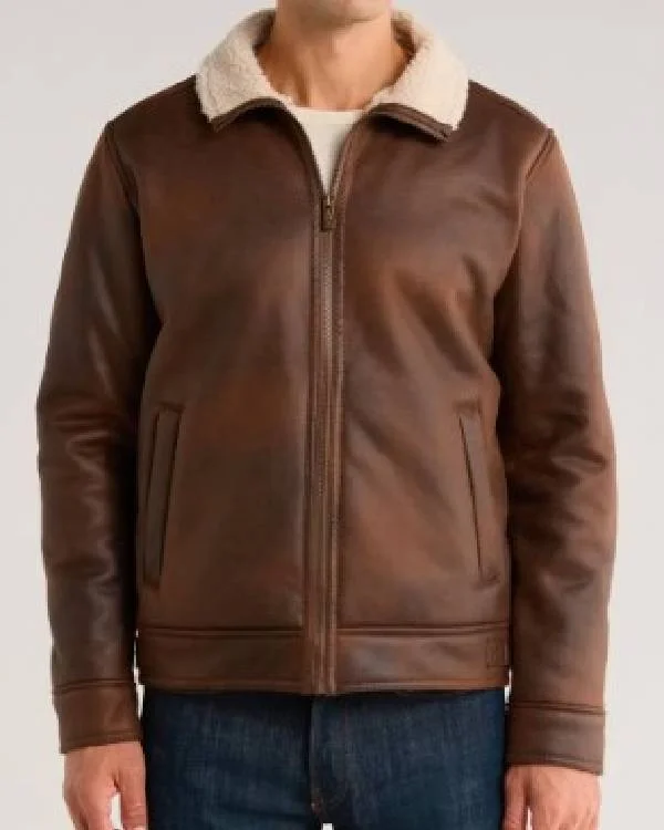 NCIS S23 Adam Ferrara Brown Leather Jacket with Sherpa Collar