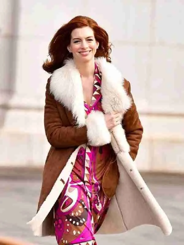 Anne Hathaway Shearling Suede Leather Coat