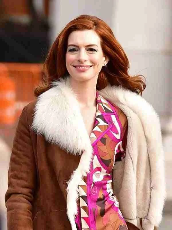 Anne Hathaway Shearling Suede Leather Coat