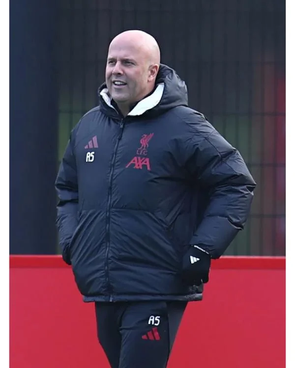 Arne Slot LFC Black Puffer Hooded Jacket - Image 2