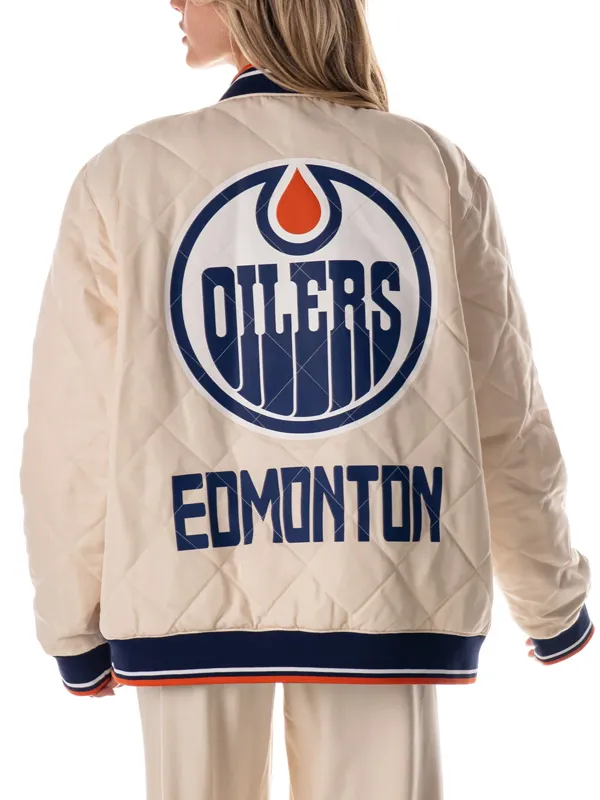 Edmonton Oilers Cream Quilted Bomber Jacket