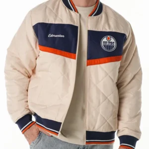Edmonton Oilers Cream Quilted Bomber Jacket