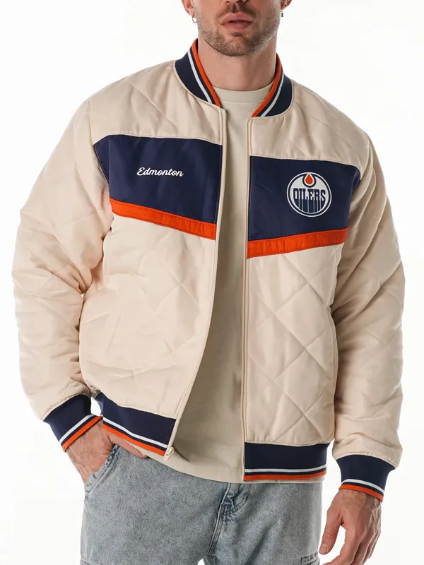 Edmonton Oilers Cream Quilted Bomber Jacket