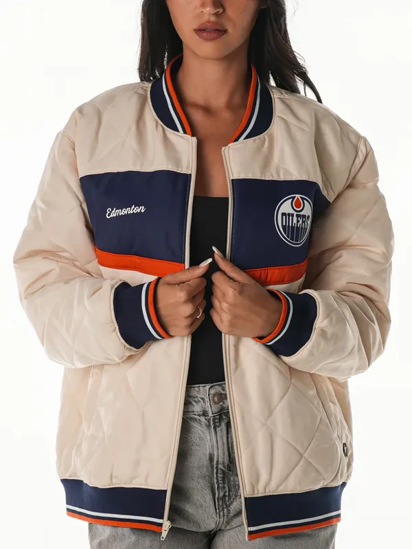 Edmonton Oilers Cream Quilted Bomber Jacket
