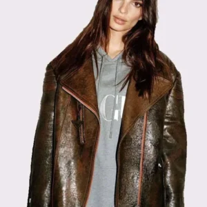 Emily Ratajkowski Brown Distressed Leather Jacket