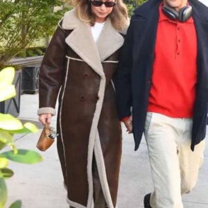 NYC 2025 Gigi Hadid Shearling Brown Leather Coat