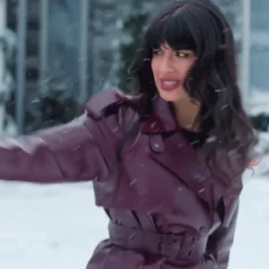 A Merry Little Ex-Mas 2025 Jameela Jamil Leather Coat