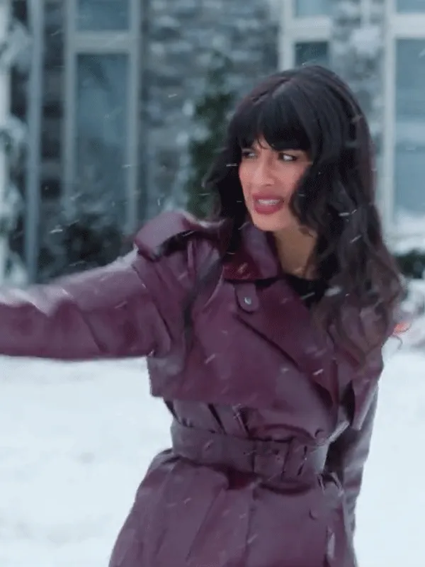 A Merry Little Ex-Mas 2025 Jameela Jamil Leather Coat