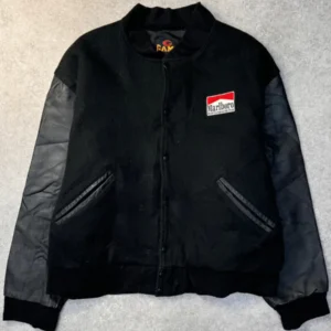 Marlboro Logo Embroidered Leather Sleeve Bomber Jacket