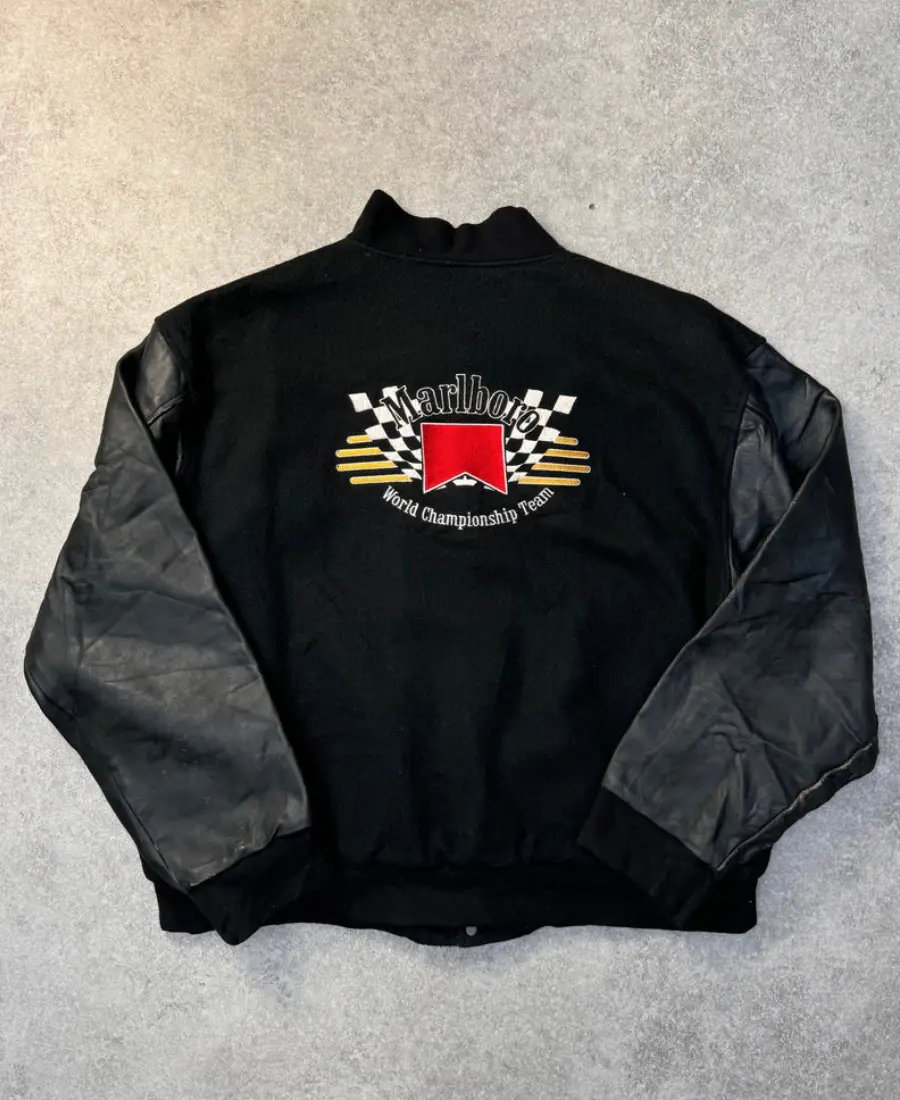 Marlboro Logo Embroidered Leather Sleeve Bomber Jacket - Image 2